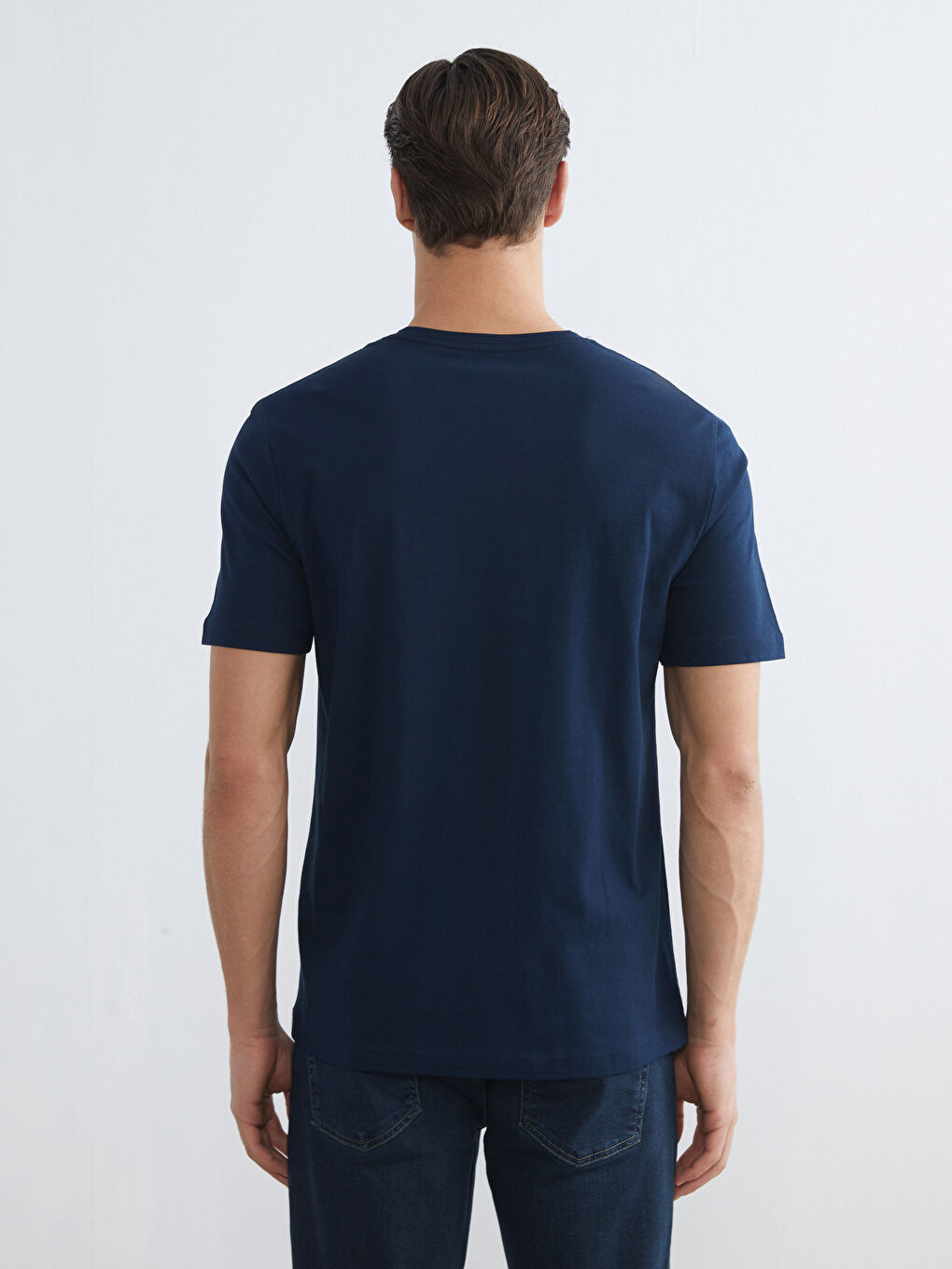 Lacivert V Yaka Kısa Kollu Penye Erkek Tişört-3