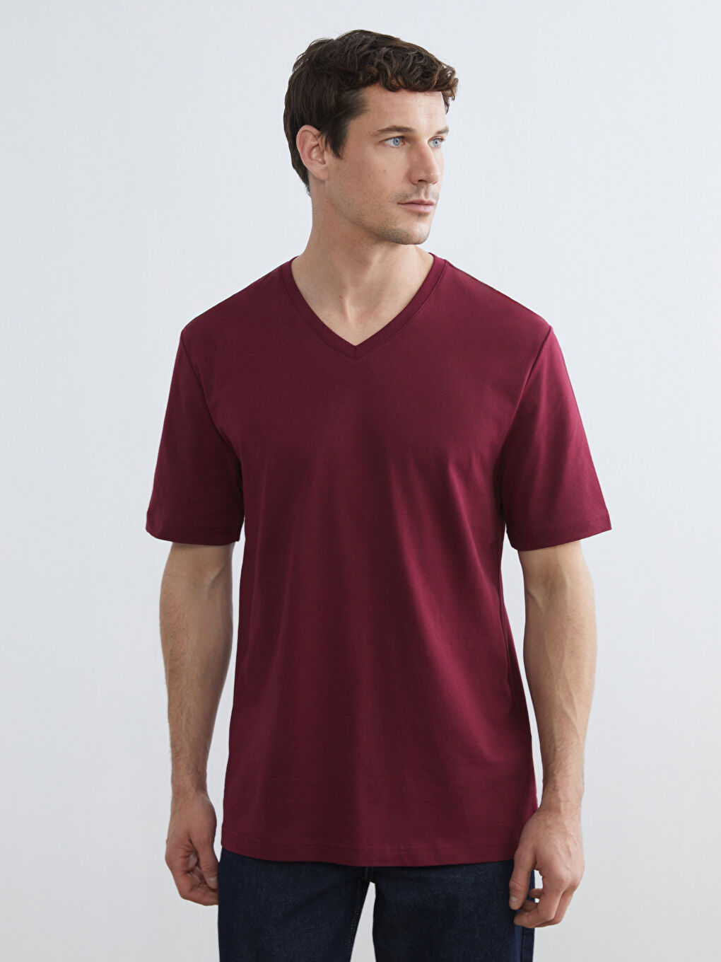Bordo V Yaka Penye Erkek Tişört