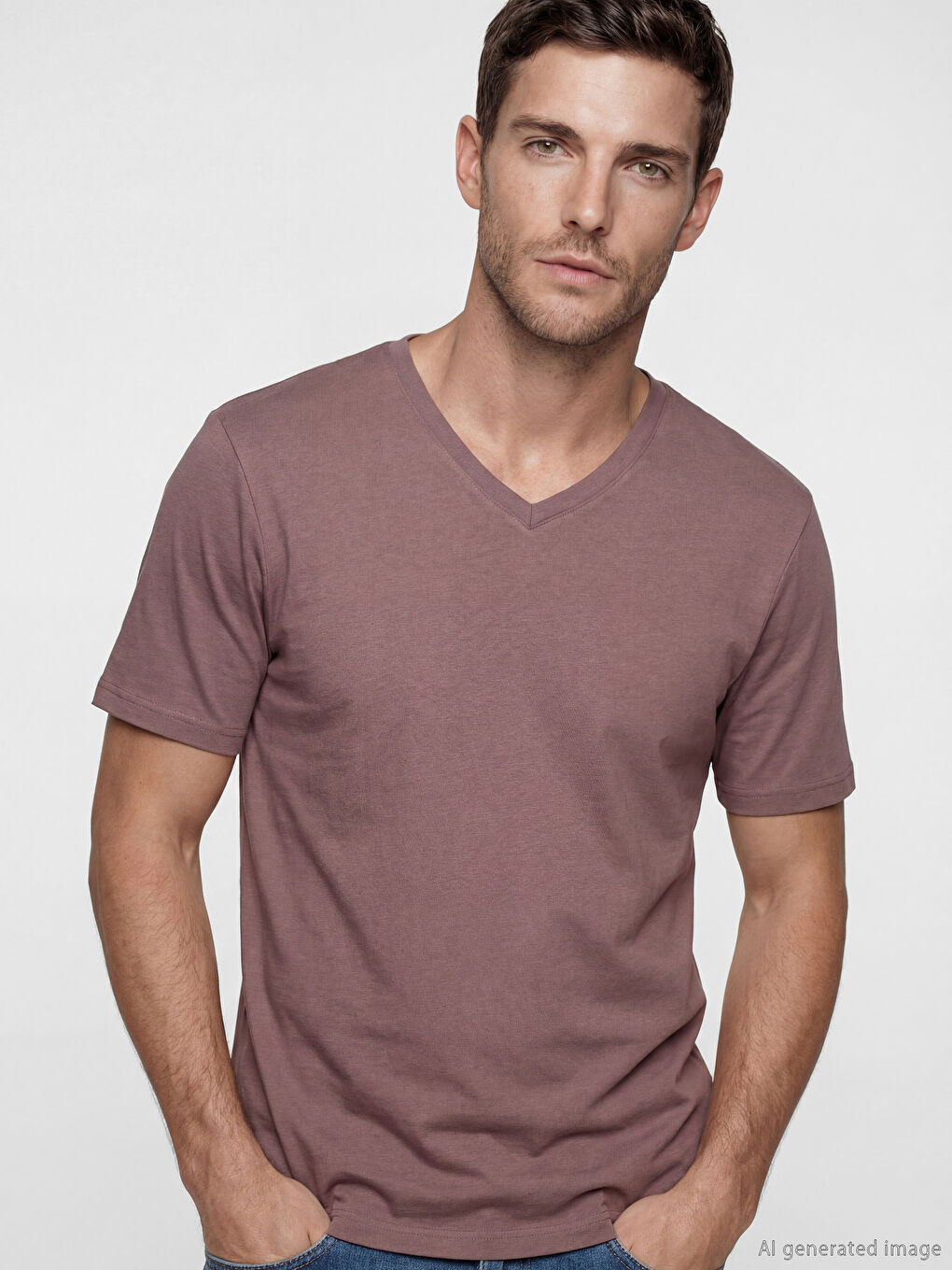 Mürdüm V Yaka Penye Erkek Tişört