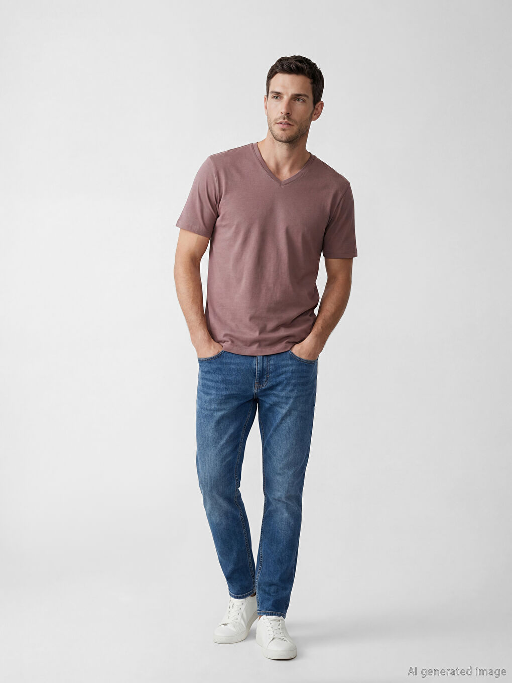 Mürdüm V Yaka Penye Erkek Tişört-1