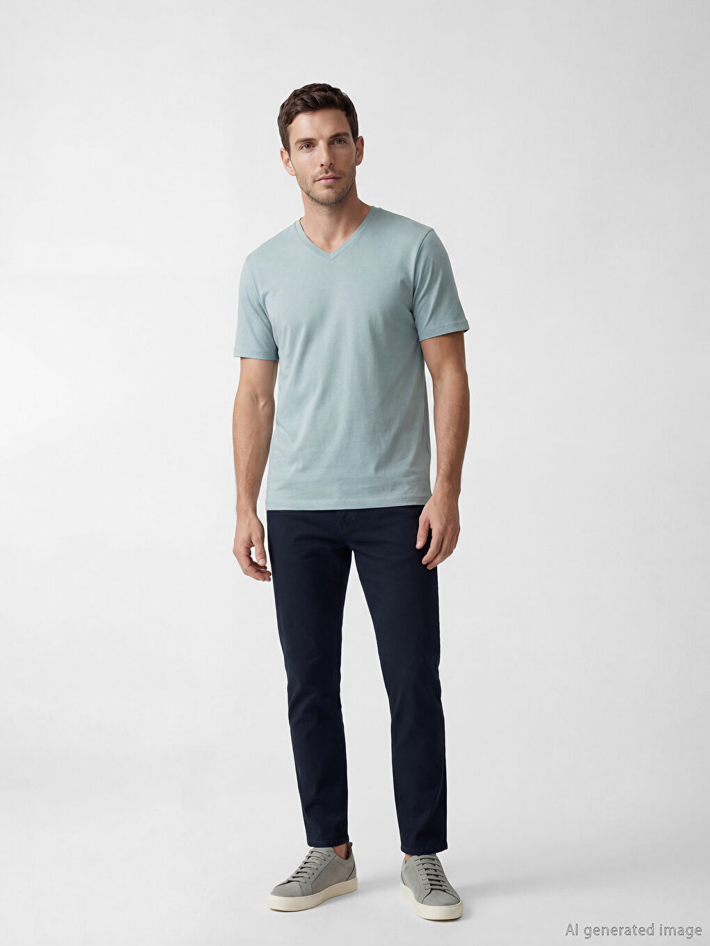 Yeşil V Yaka Penye Erkek Tişört-1