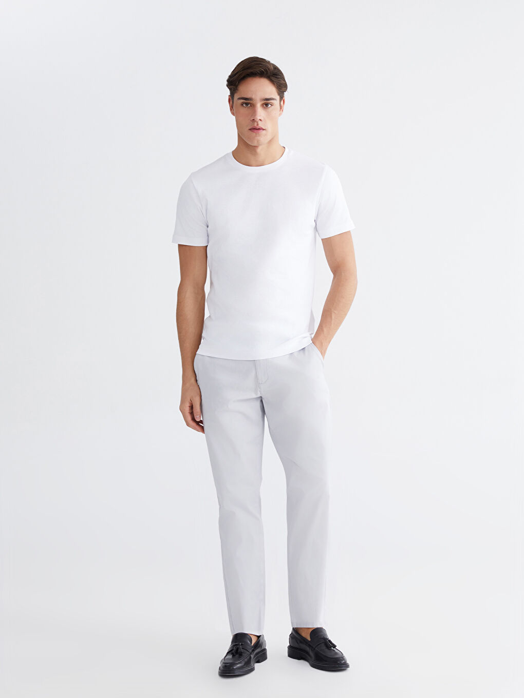 Beyaz Bisiklet Yaka Penye Erkek Tişört-1