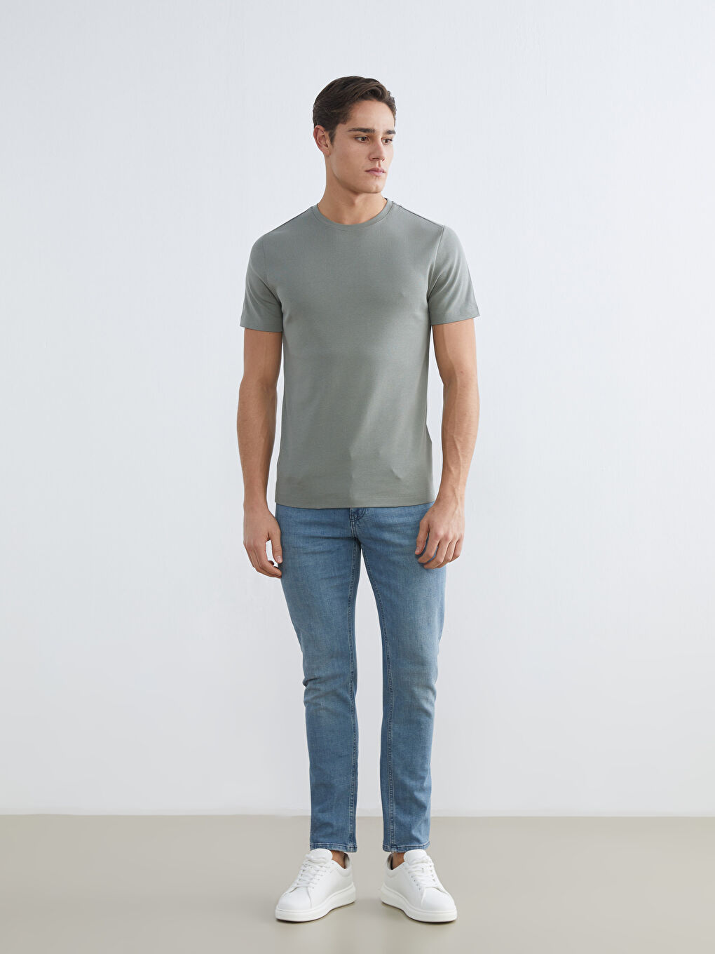 Haki Bisiklet Yaka Penye Erkek Tişört-1