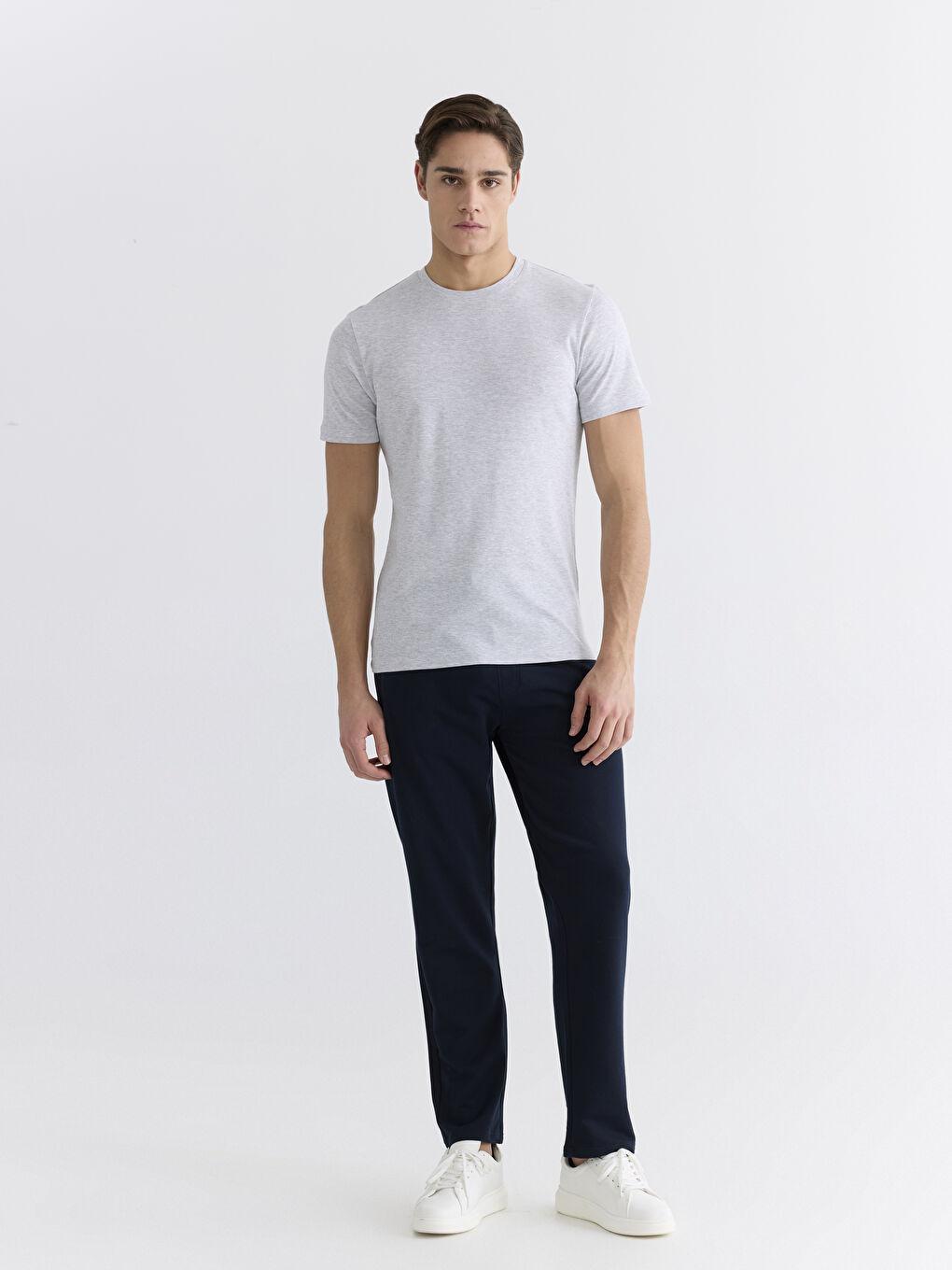 Bej Bisiklet Yaka Penye Erkek Tişört-1