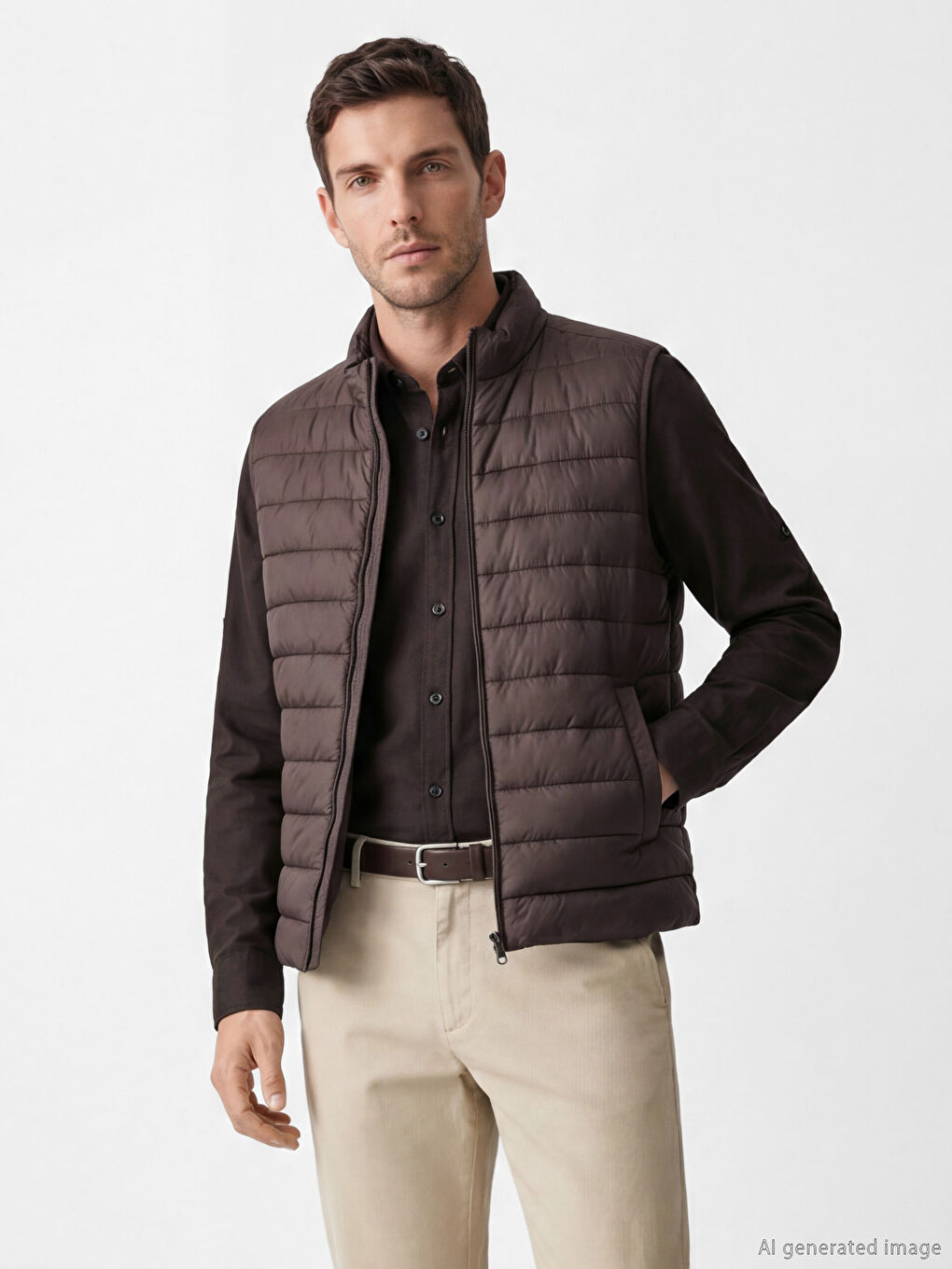 Kahverengi Standart Kalıp Dik Yaka Erkek Şişme Yelek