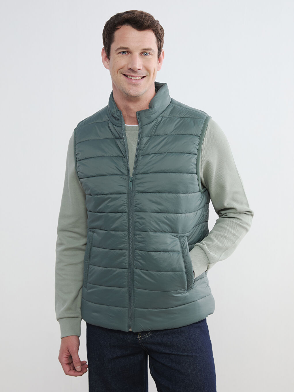 Yeşil Standart Kalıp Dik Yaka Erkek Şişme Yelek