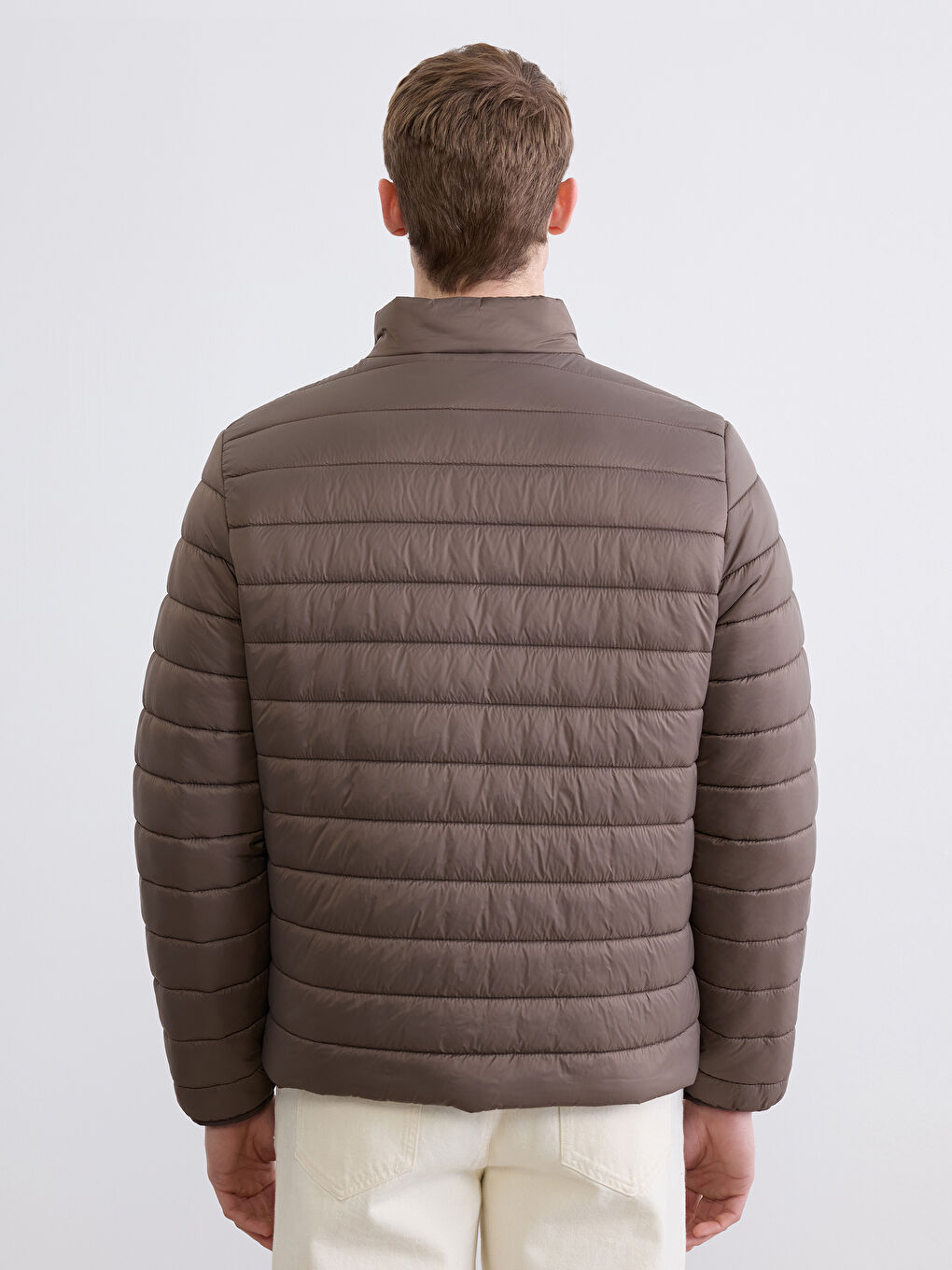 Kahverengi Standart Kalıp Dik Yaka Erkek Şişme Mont-4