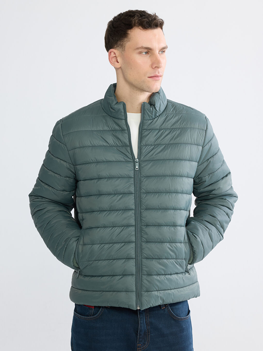 Yeşil Standart Kalıp Dik Yaka Erkek Şişme Mont