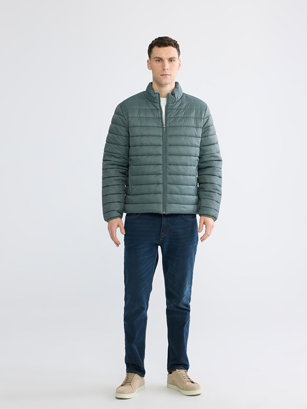 Yeşil Standart Kalıp Dik Yaka Erkek Şişme Mont-1