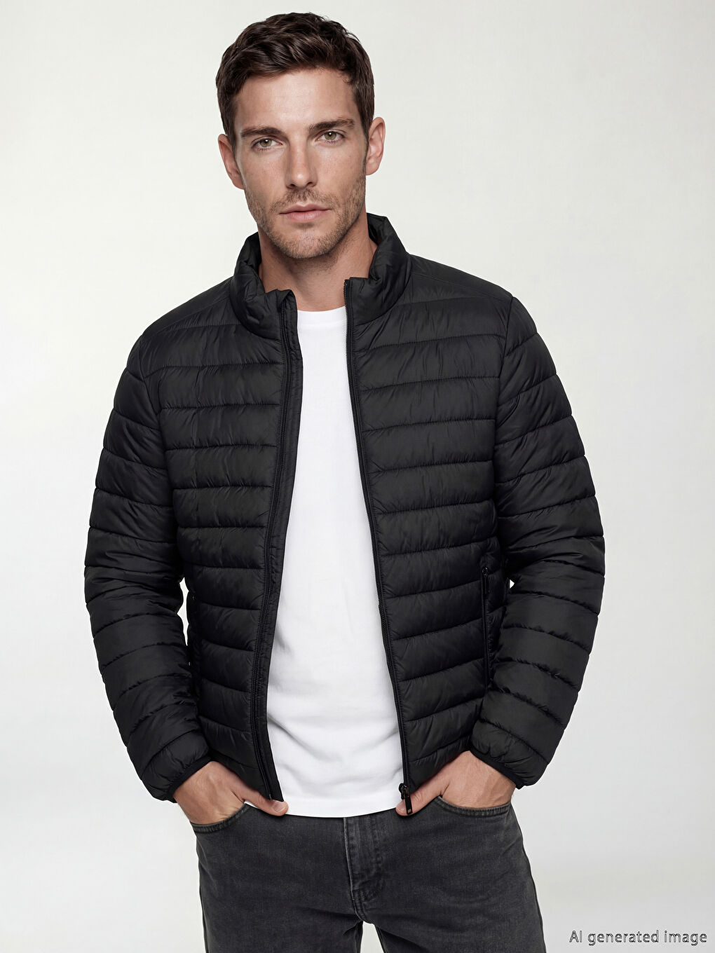 Siyah Standart Kalıp Dik Yaka Erkek Şişme Mont