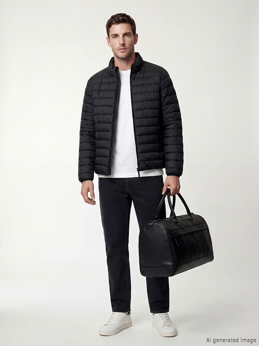 Siyah Standart Kalıp Dik Yaka Erkek Şişme Mont-1