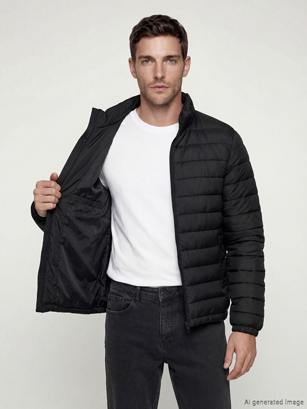 Siyah Standart Kalıp Dik Yaka Erkek Şişme Mont-2