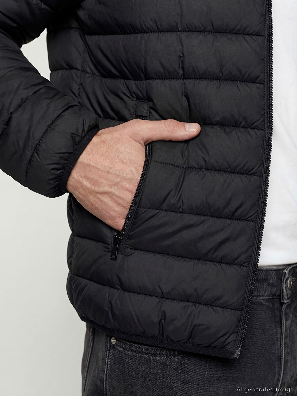 Siyah Standart Kalıp Dik Yaka Erkek Şişme Mont-3