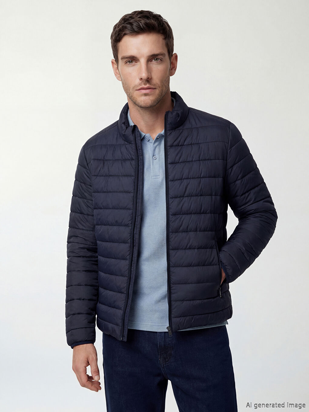 Lacivert Standart Kalıp Dik Yaka Erkek Şişme Mont