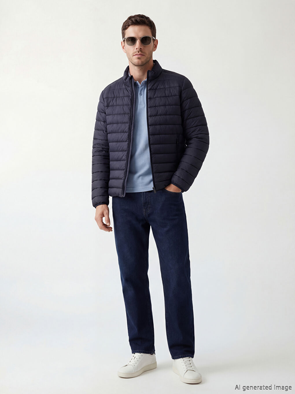 Lacivert Standart Kalıp Dik Yaka Erkek Şişme Mont-1