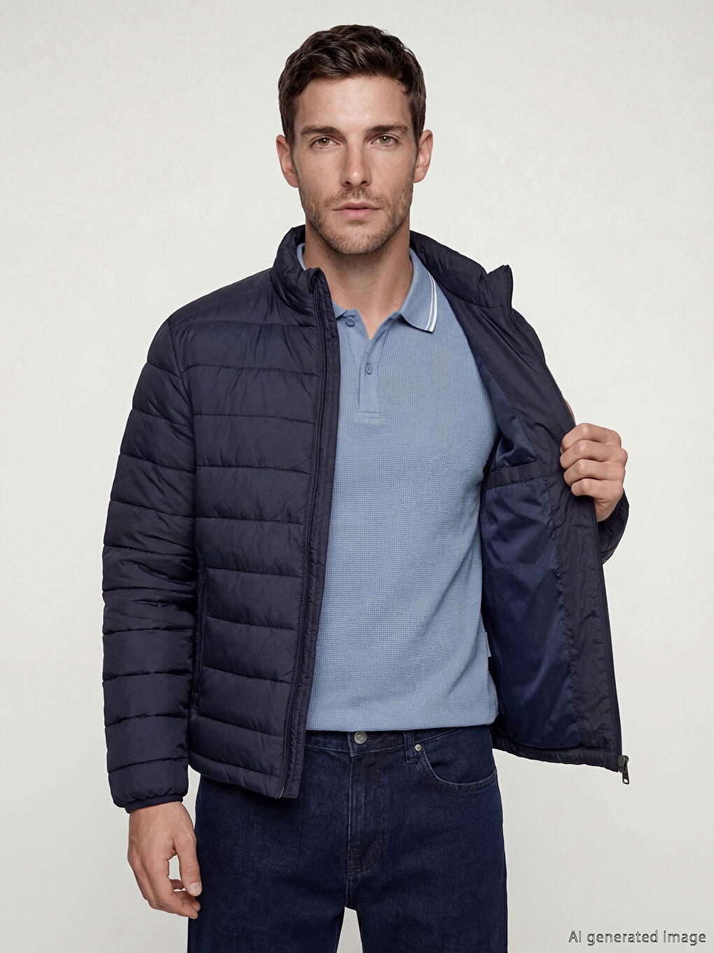 Lacivert Standart Kalıp Dik Yaka Erkek Şişme Mont-3