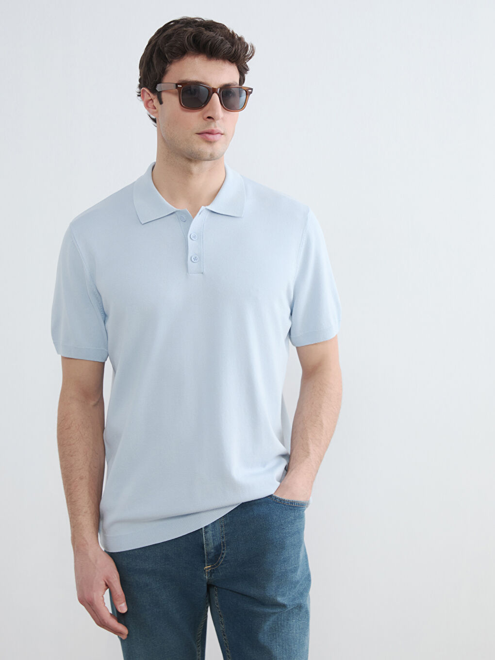 Mavi Polo Yaka Erkek Triko Kazak