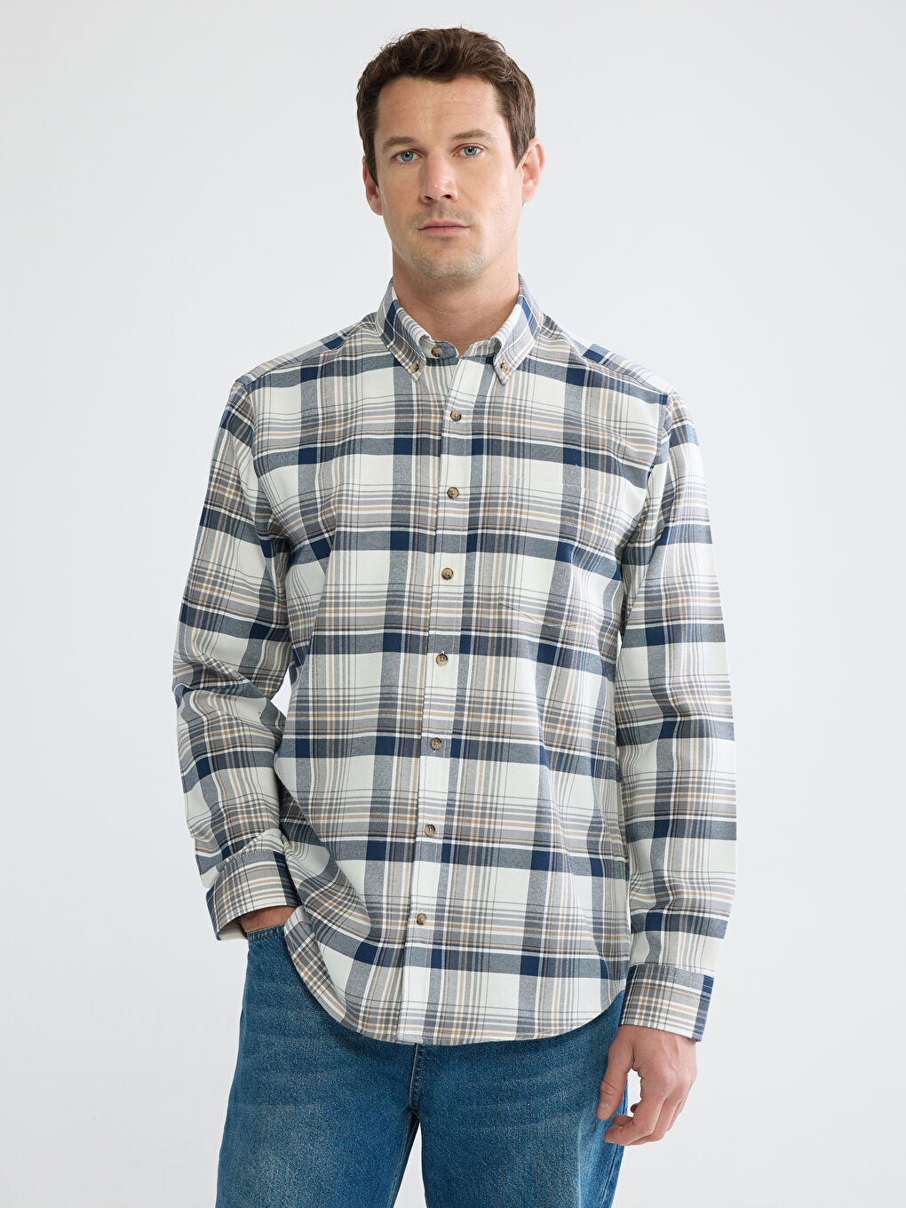 Ekru Regular Fit Ekose Erkek Gabardin Gömlek