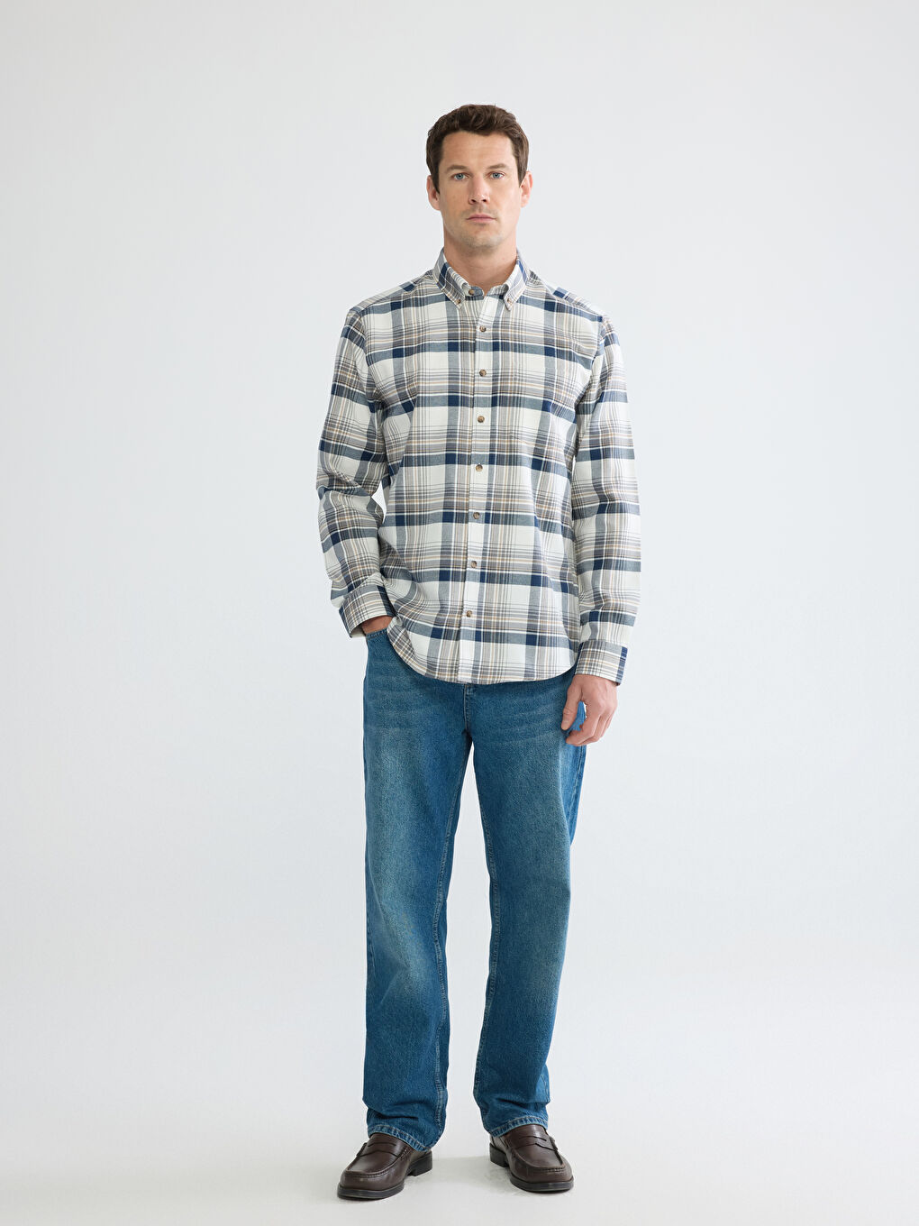 Ekru Regular Fit Ekose Erkek Gabardin Gömlek-1