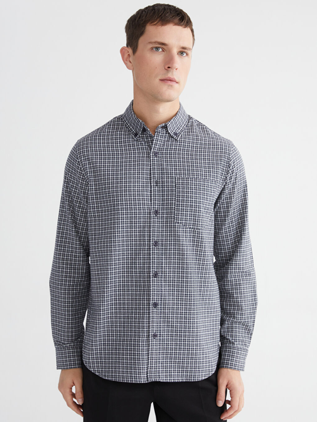 Regular Fit Long Sleeve Plaid Gabardine Men's Shirt