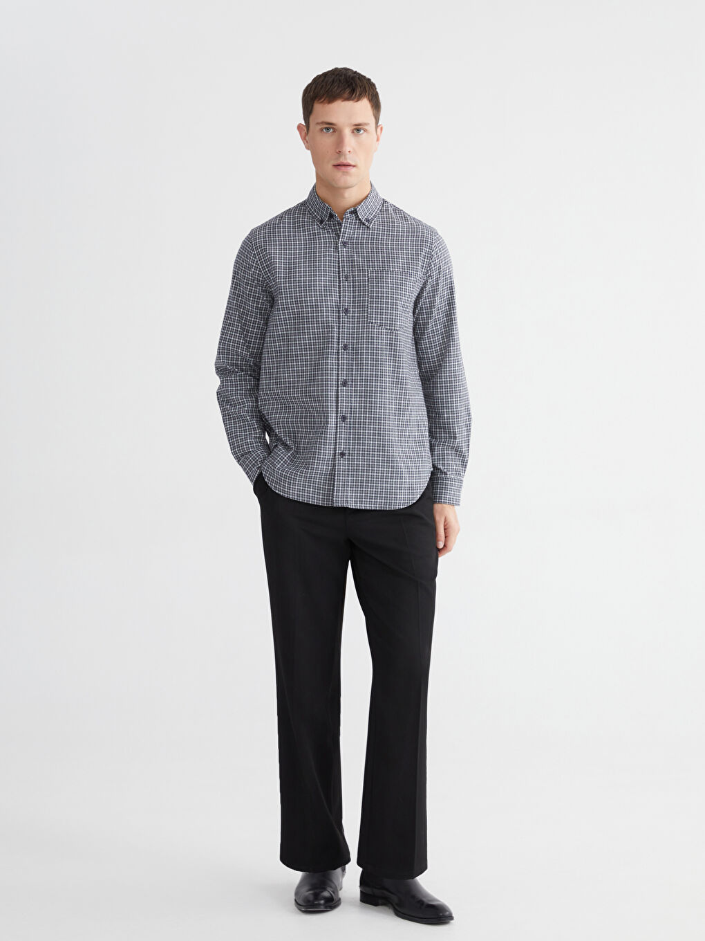 Regular Fit Long Sleeve Plaid Gabardine Men's Shirt-1