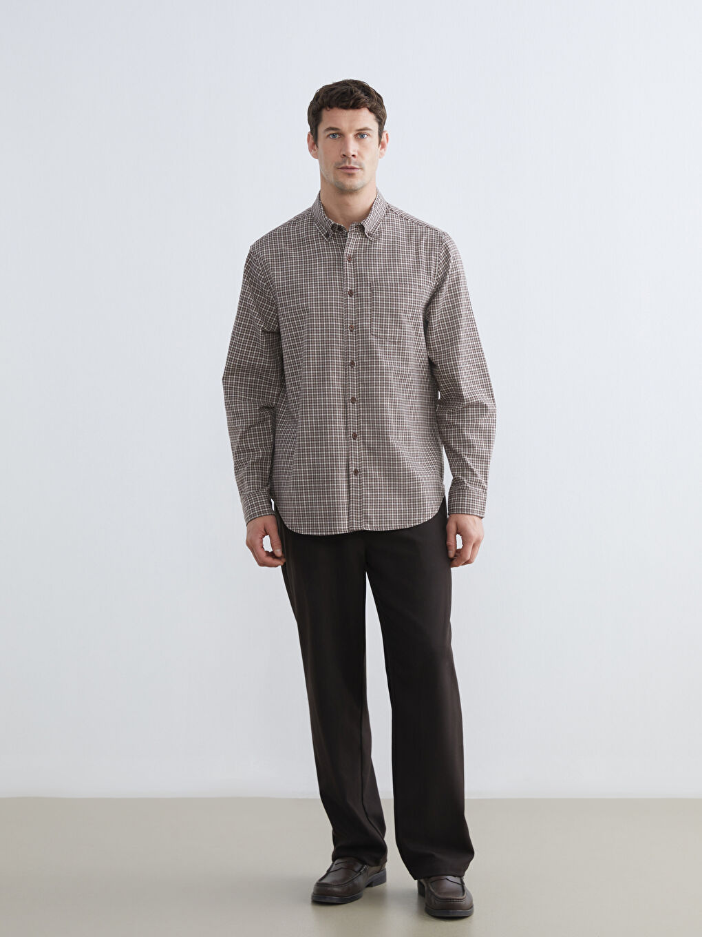 Regular Fit Long Sleeve Plaid Gabardine Men's Shirt-1