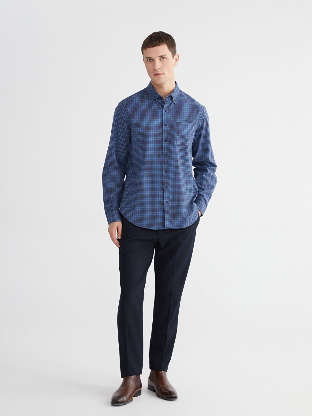 Regular Fit Long Sleeve Plaid Gabardine Men's Shirt-1