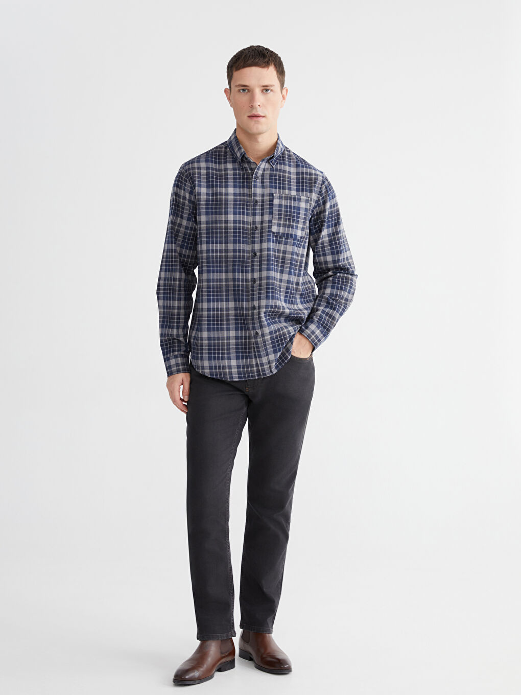 Men's Regular Fit Plaid Gabardine Shirt-1
