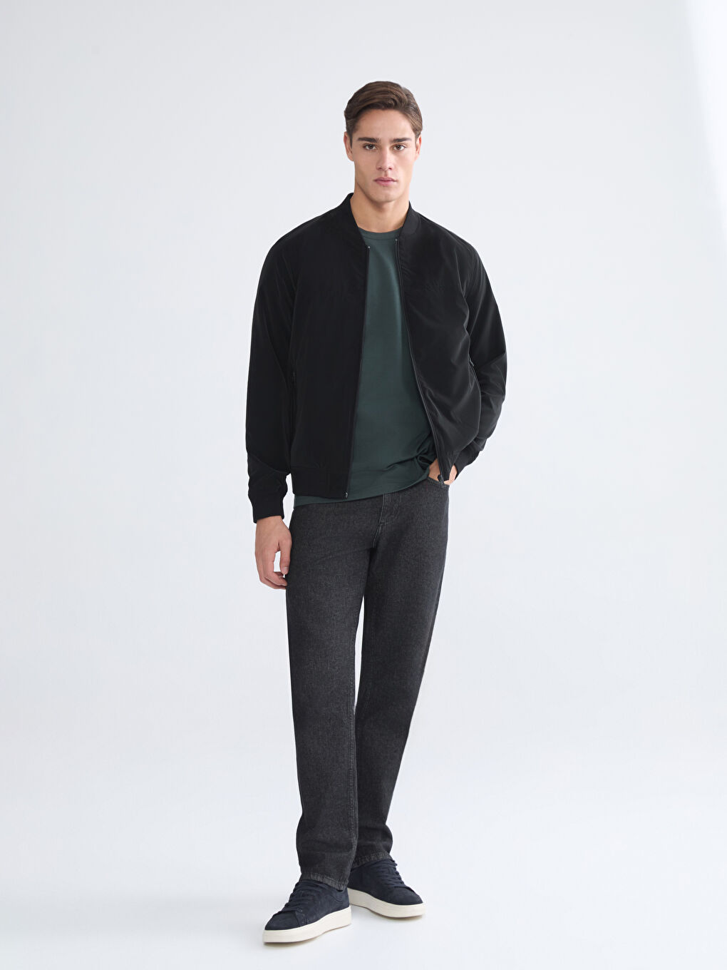 Siyah Standart Kalıp Kolej Yaka Erkek Bomber Mont-1