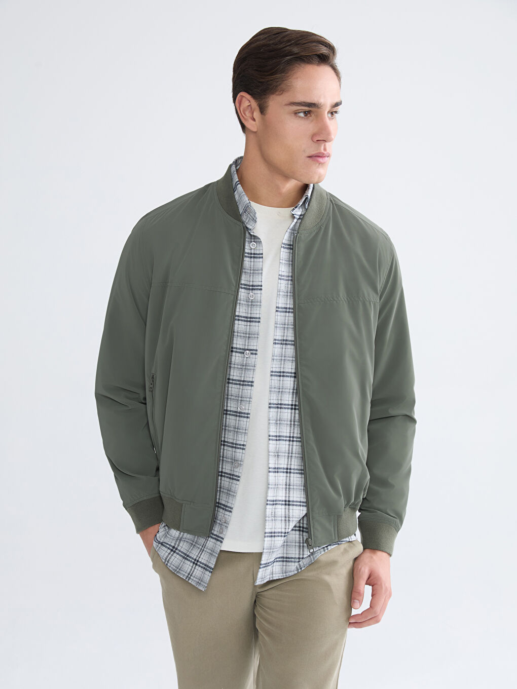 Haki Standart Kalıp Kolej Yaka Erkek Bomber Mont