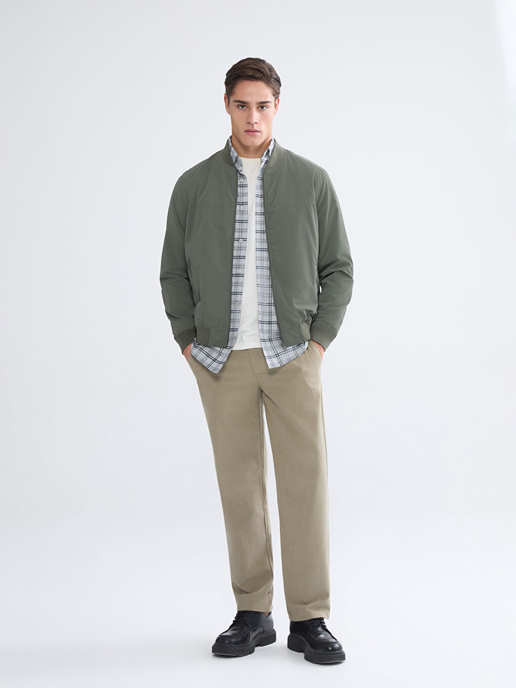 Haki Standart Kalıp Kolej Yaka Erkek Bomber Mont-1