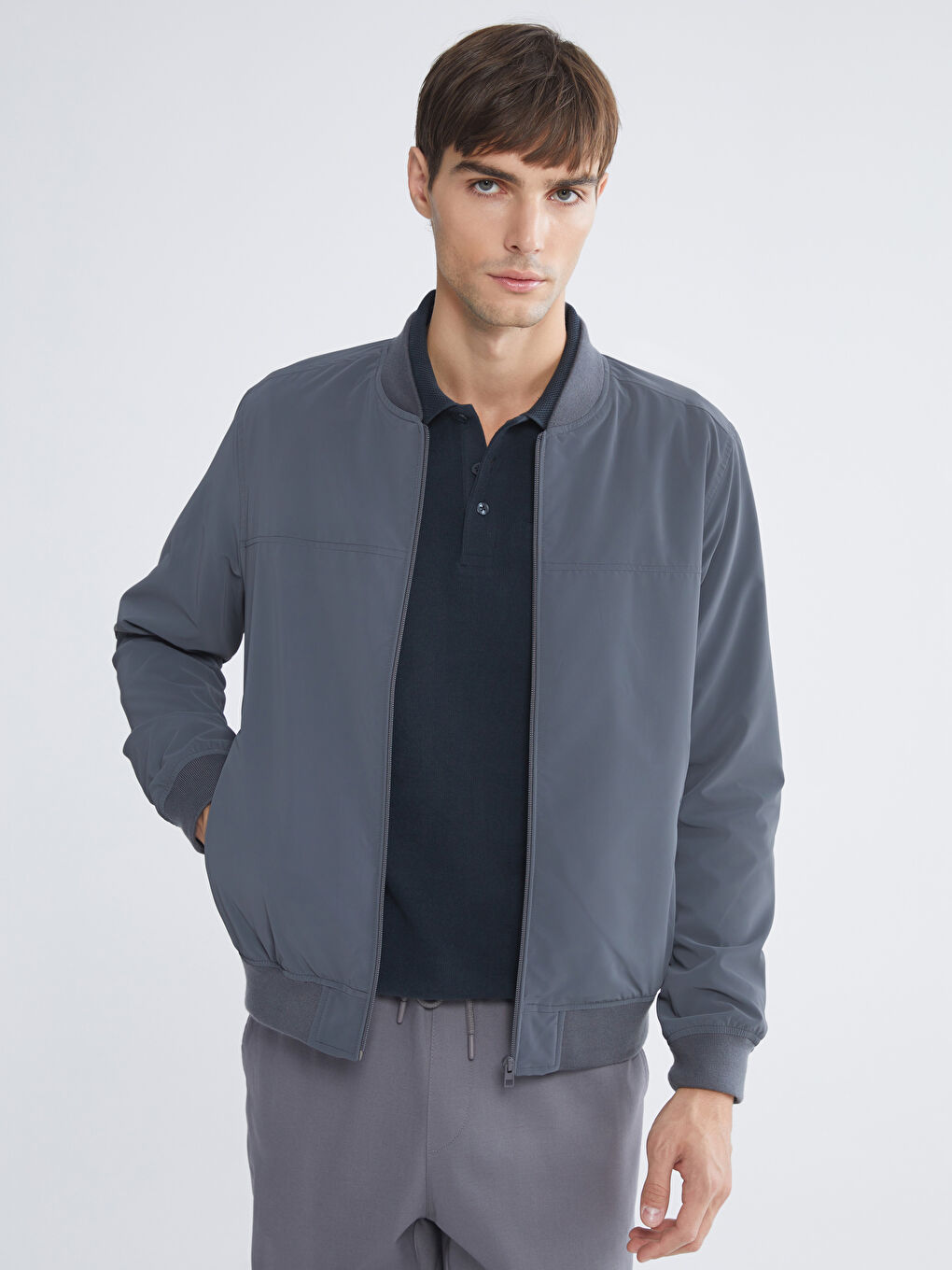 Gri Standart Kalıp Kolej Yaka Erkek Bomber Mont