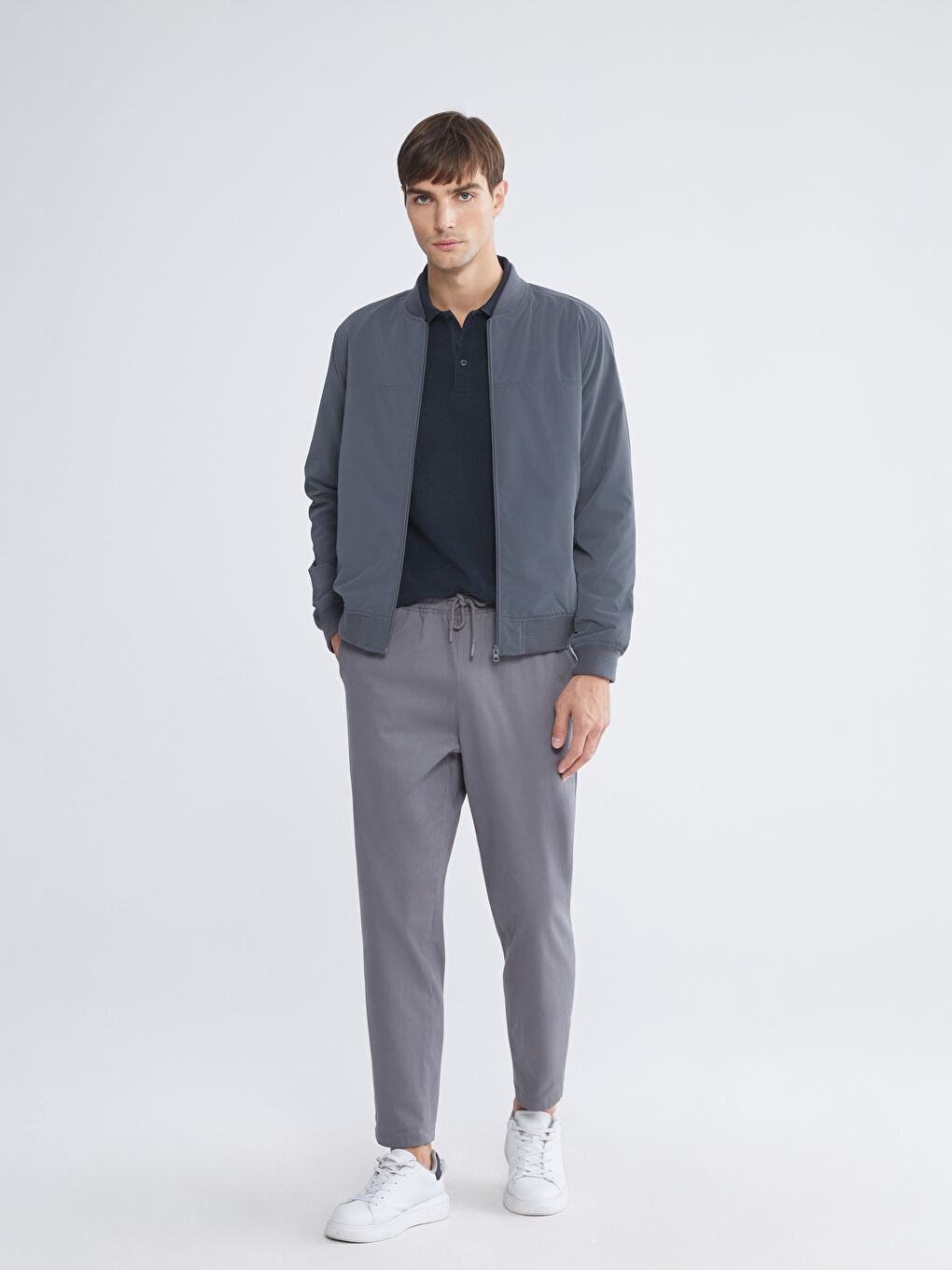 Gri Standart Kalıp Kolej Yaka Erkek Bomber Mont-1