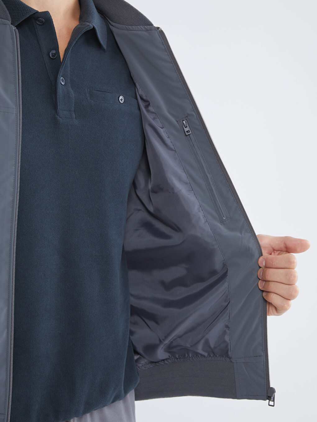 Gri Standart Kalıp Kolej Yaka Erkek Bomber Mont-3