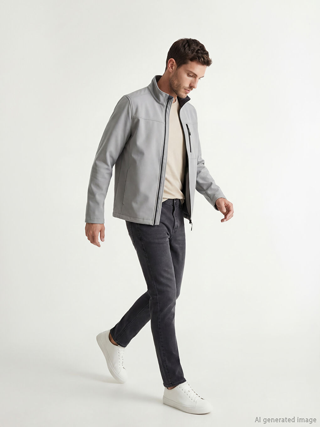 Gri Standart Kalıp Dik Yaka Erkek Mont