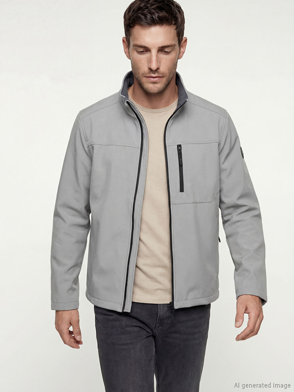 Gri Standart Kalıp Dik Yaka Erkek Mont-1