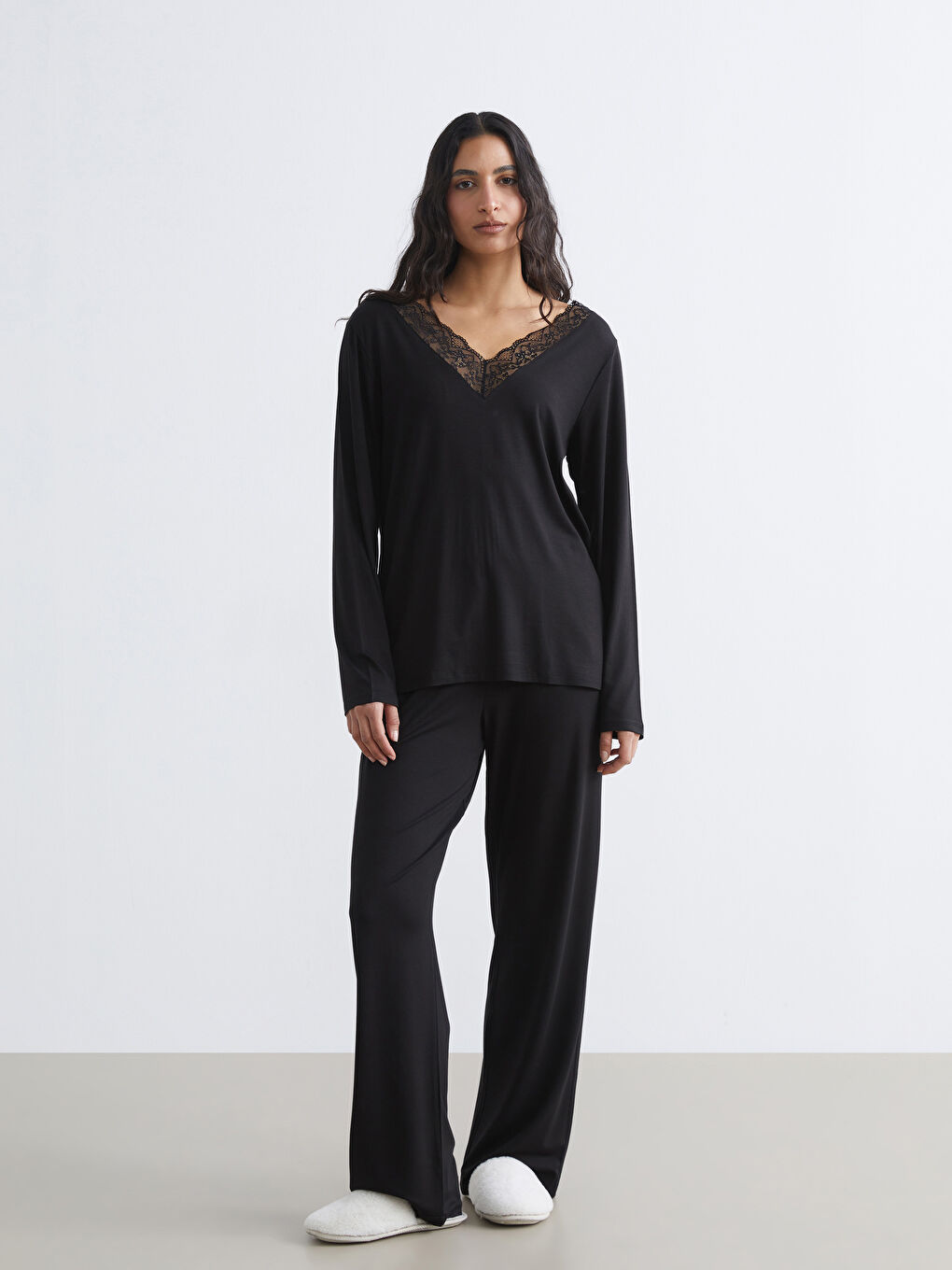 V-neck Women's Pajama Set with Lace Details-1