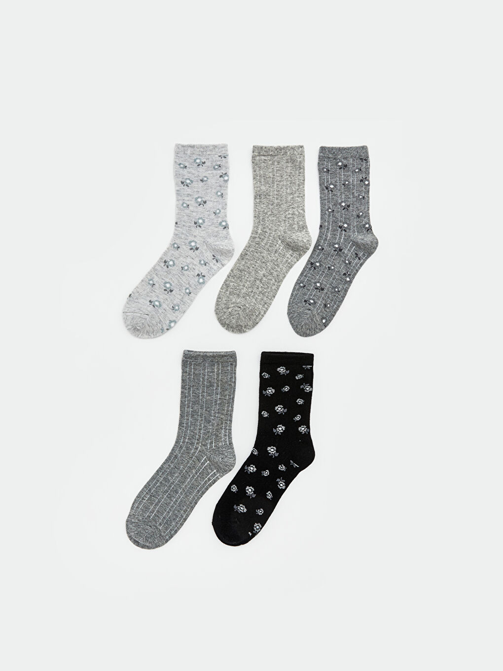 Gri Çiçekli Kadın Soket Çorap 5'li