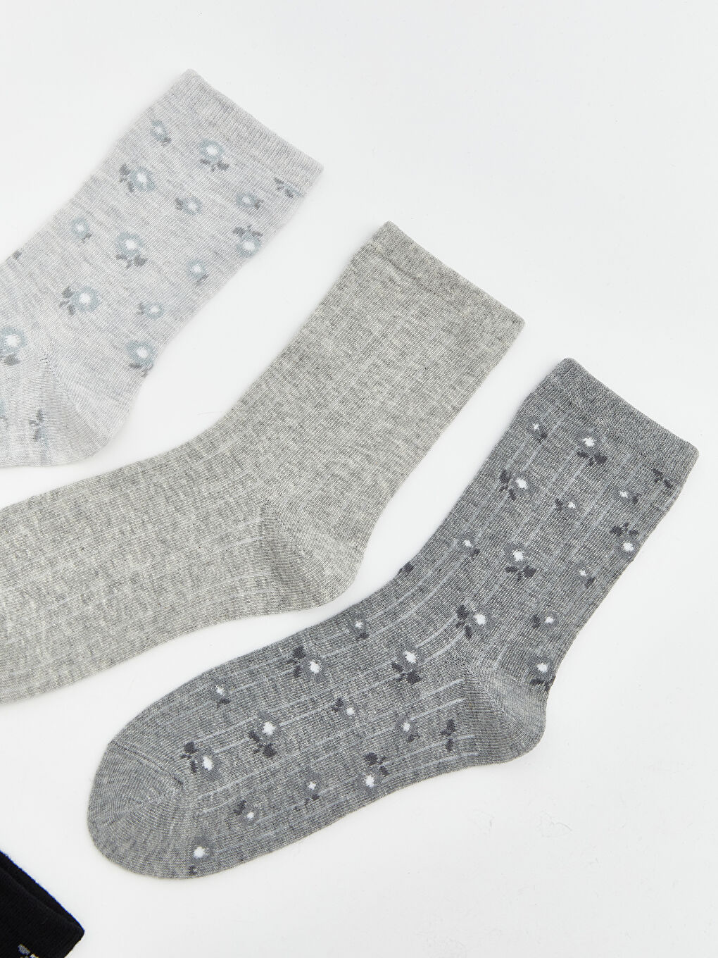 Gri Çiçekli Kadın Soket Çorap 5'li-1