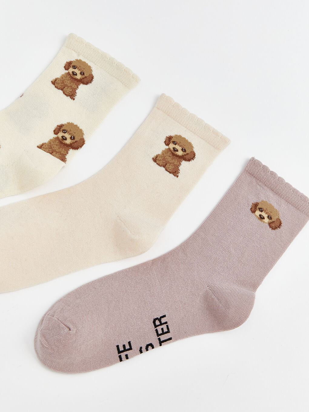 Ekru Köpek Baskılı Kadın Soket Çorap 3'lü-1
