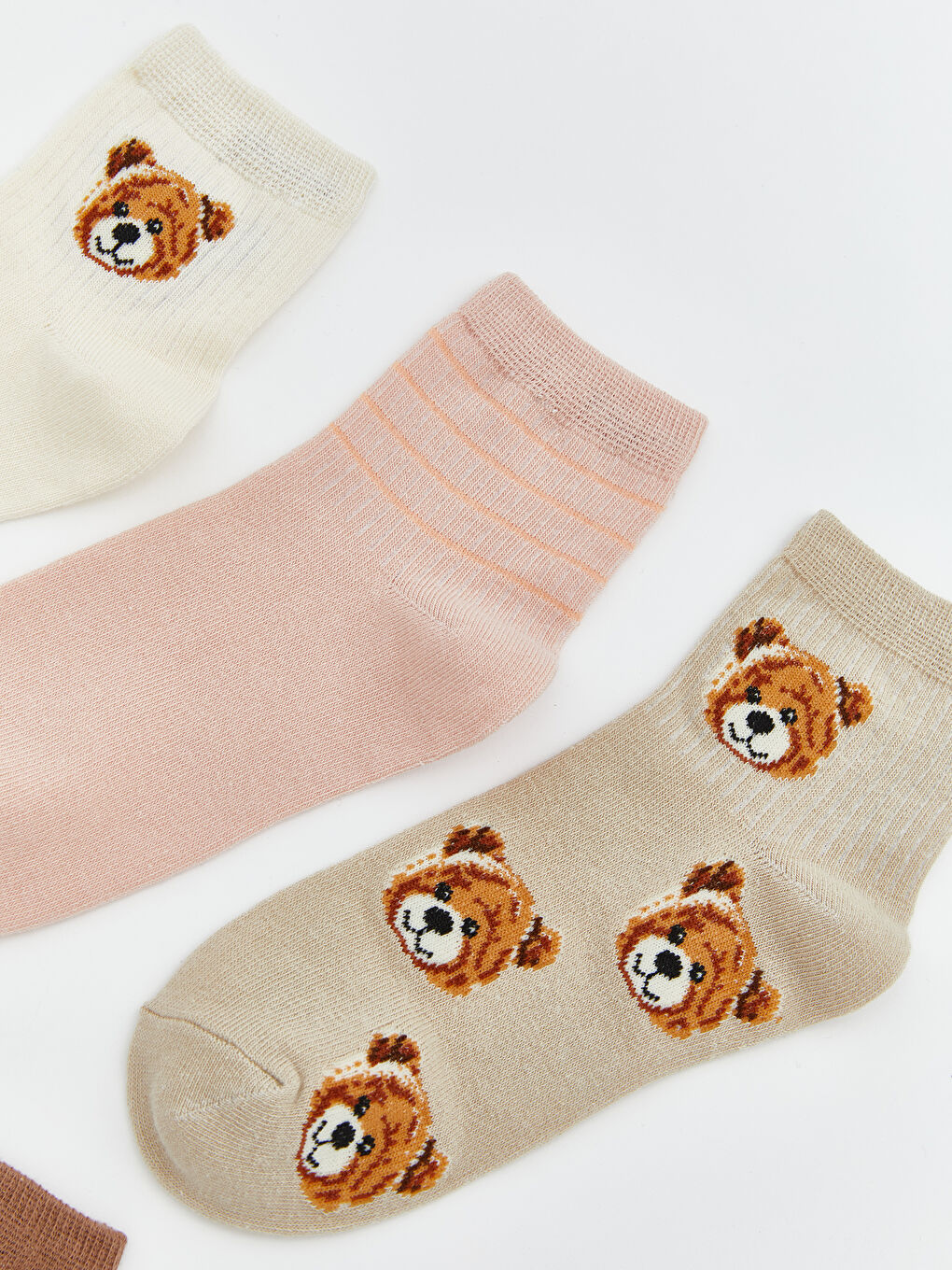 Ekru Teddy Baskılı Kadın Soket Çorap 5'li-1