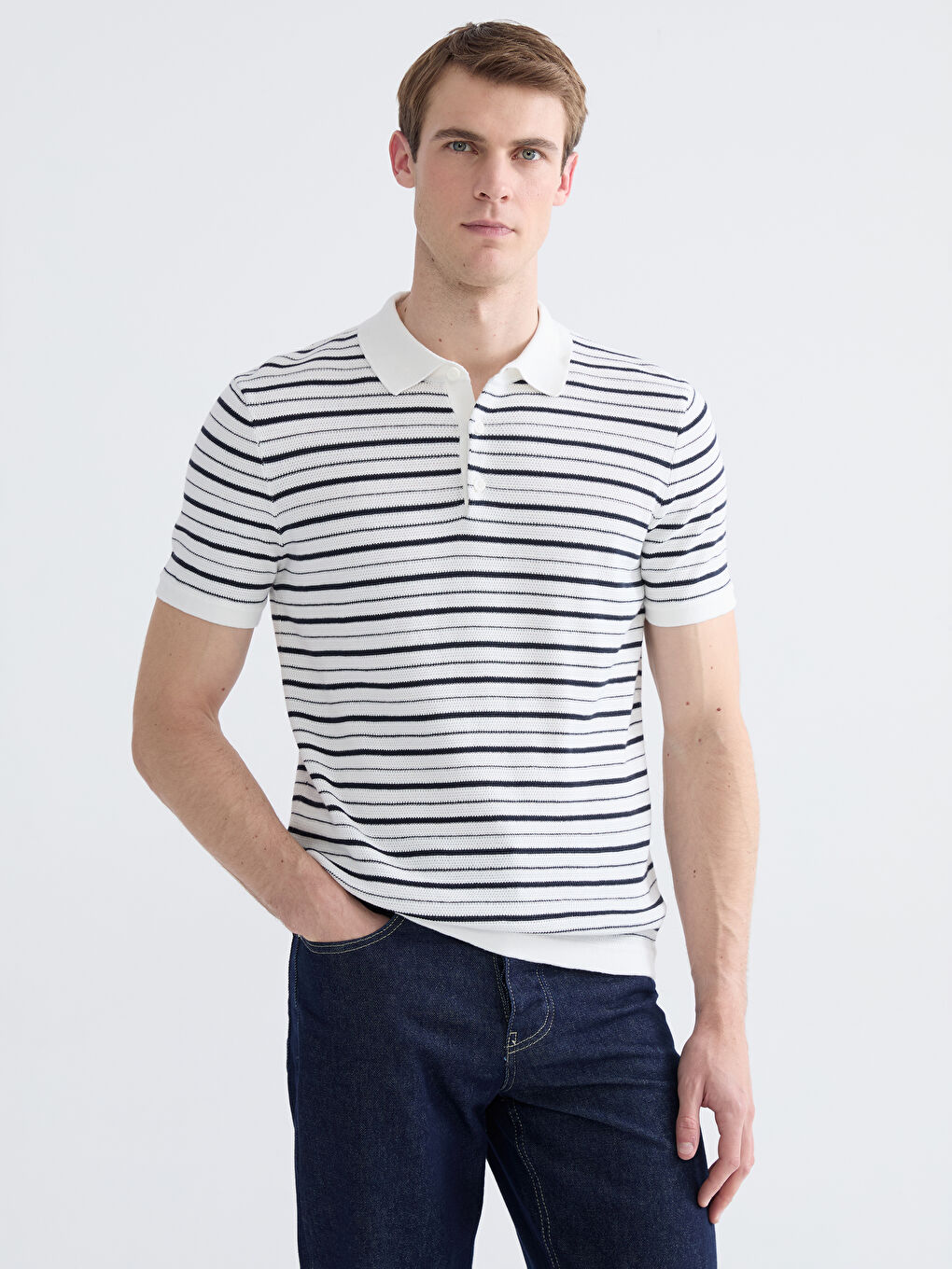 Polo Neck Short Sleeve Striped Men's Knitwear Sweater-1