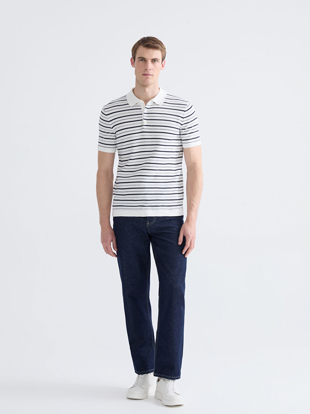 Polo Neck Short Sleeve Striped Men's Knitwear Sweater-2