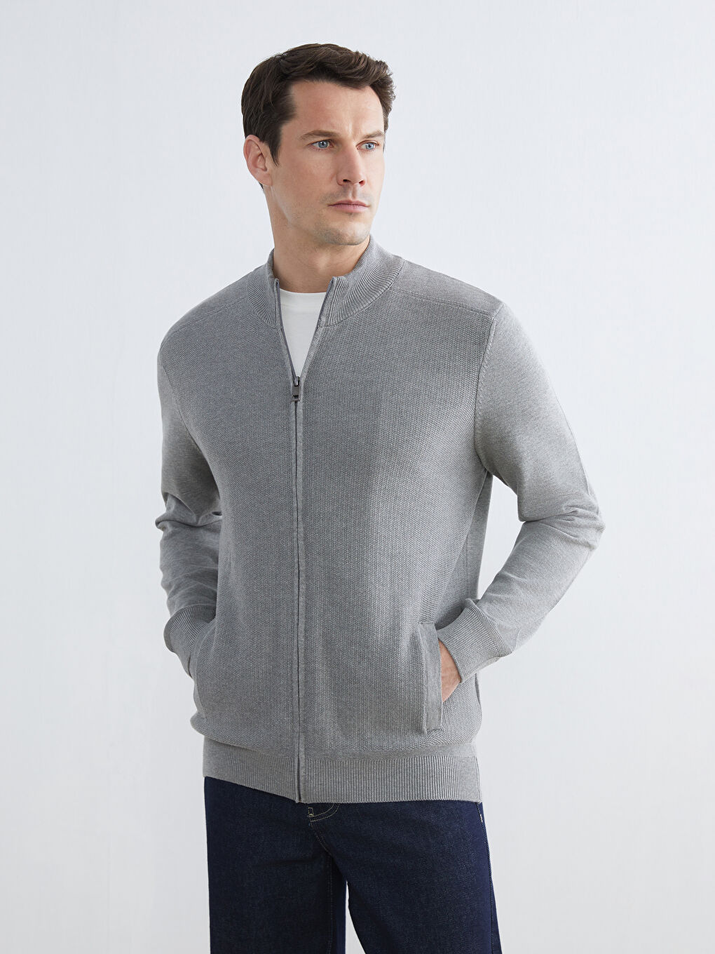 Gri Polo Yaka Erkek Triko Hırka