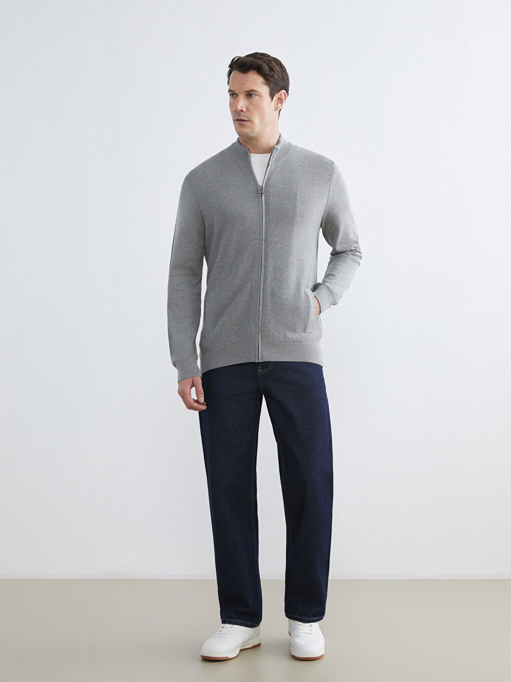 Gri Polo Yaka Erkek Triko Hırka-1