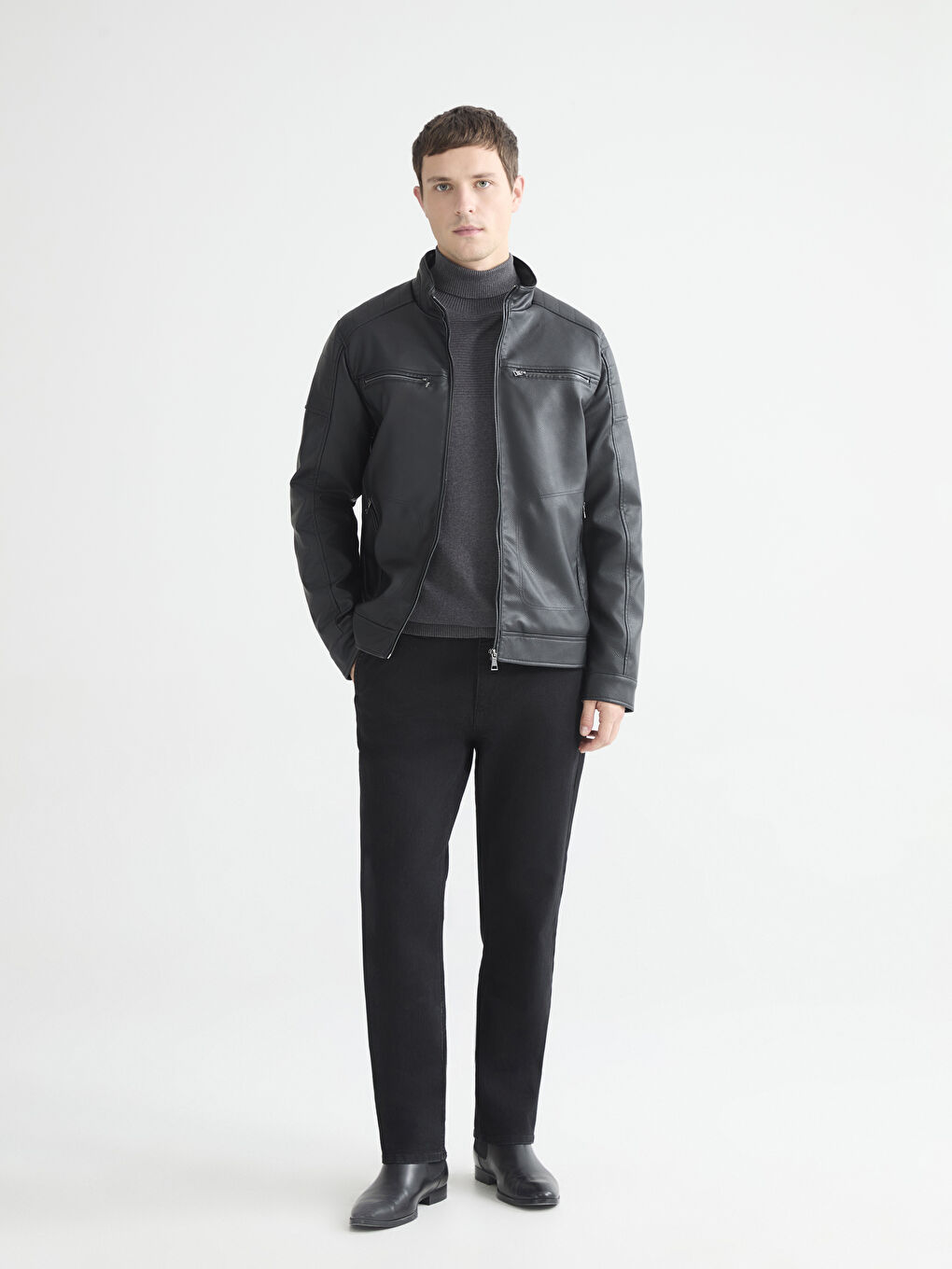 Siyah Standart Kalıp Dik Yaka Erkek Deri Görünümlü Mont-2