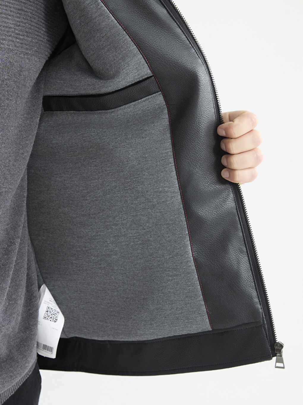 Siyah Standart Kalıp Dik Yaka Erkek Deri Görünümlü Mont-6