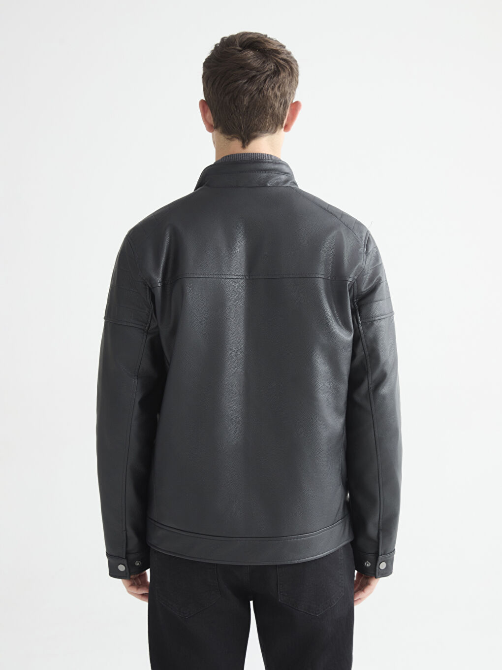 Siyah Standart Kalıp Dik Yaka Erkek Deri Görünümlü Mont-8