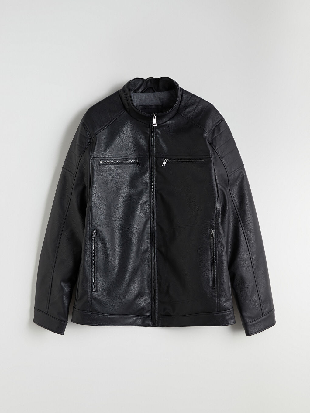 Siyah Standart Kalıp Dik Yaka Erkek Deri Görünümlü Mont-10