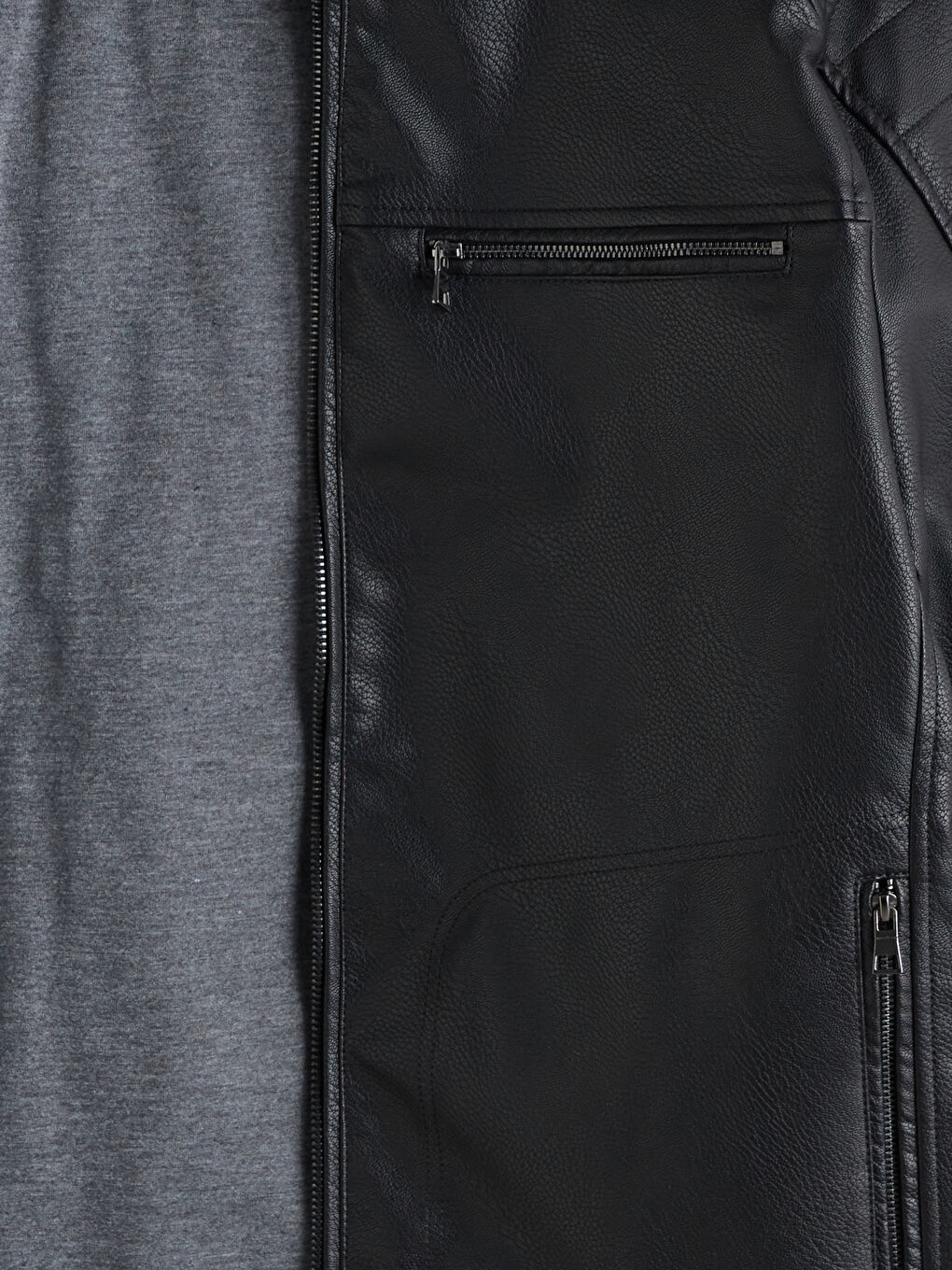 Siyah Standart Kalıp Dik Yaka Erkek Deri Görünümlü Mont-11